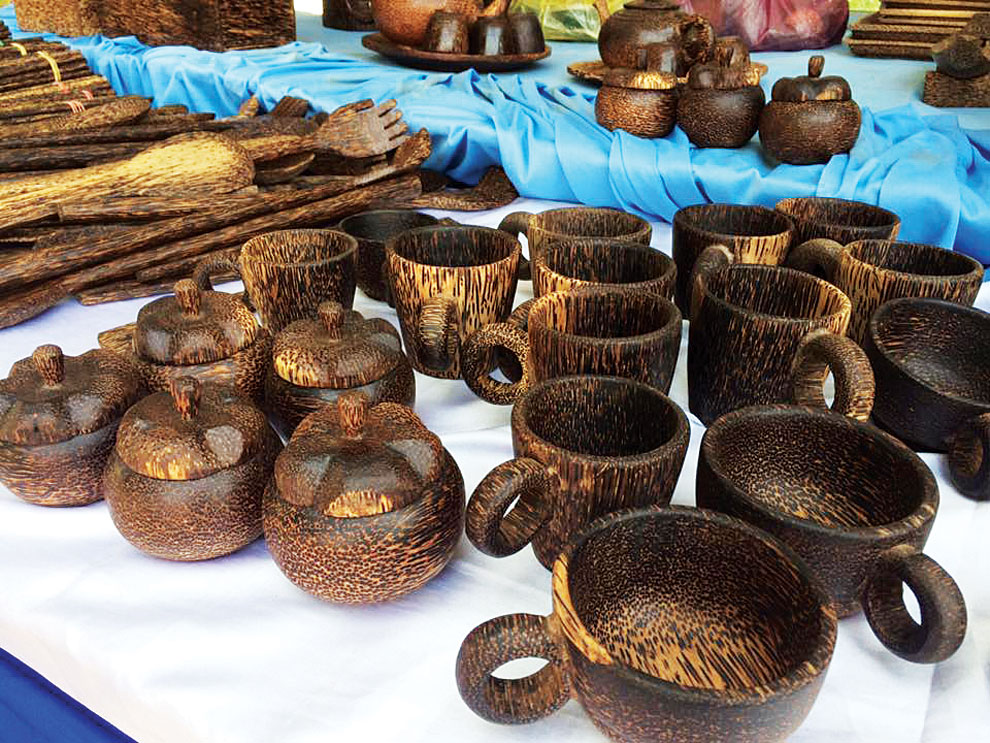 ពែង និងដន្លាប់ ដែលផលិតពីដើមត្នោតរបស់សិប្បកម្មសានពៅ។